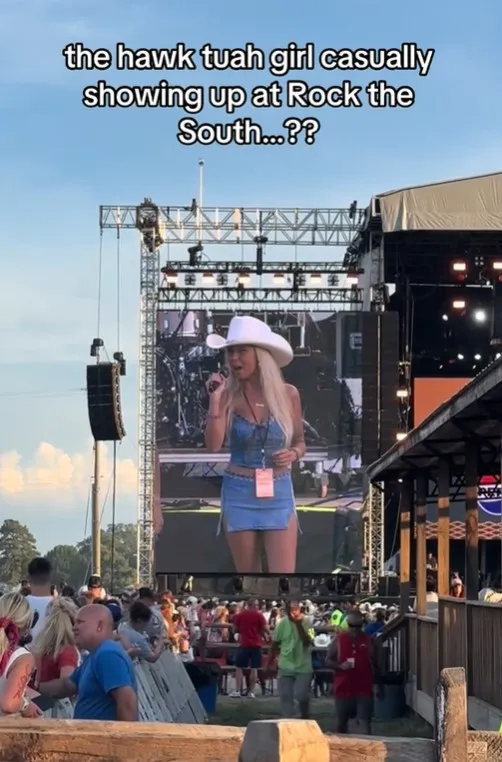 on social media, a viral video of hawk tuah girl shows up at rock the south 853