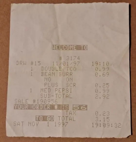 people baffled as taco bell receipt from 1997 surfaces online 3886