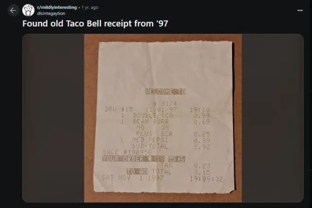 people baffled as taco bell receipt from 1997 surfaces online 3888