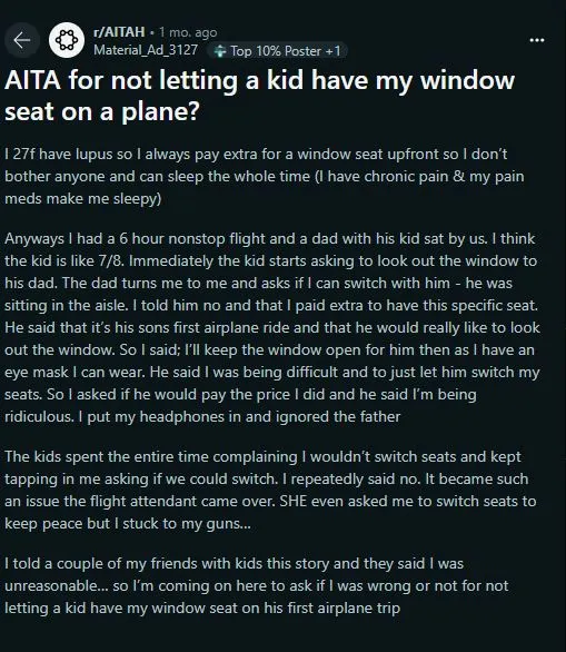 woman sparks debate after refusing to switch plane seats for child’s window 10086