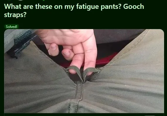 viewers baffled by mysterious straps in fatigue pants 12367