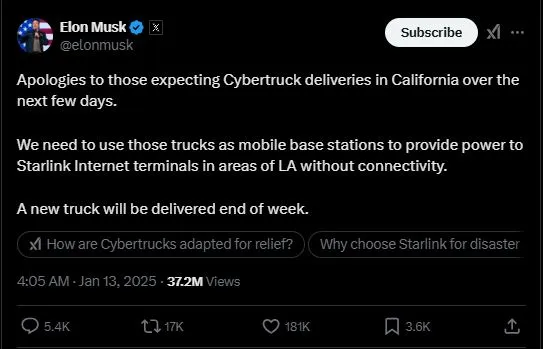 elon musk donates cybertrucks to aid la community during wildfire crisis 14580