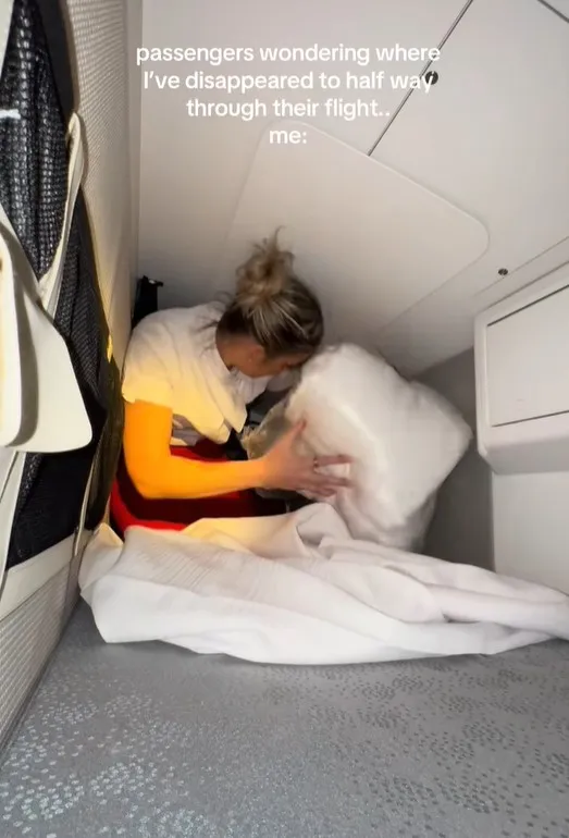 flight attendant sparks claustrophobia concerns after showing off coffin-li 15556