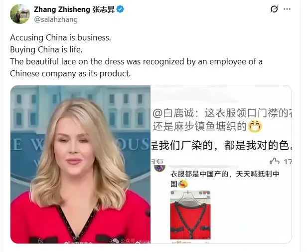chinese diplomat calls out karoline leavitt’s ‘made in china’ dress sparkin 23314