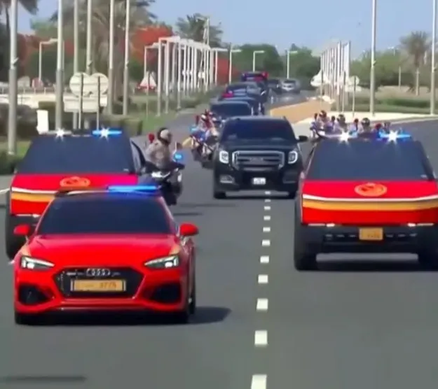 president trump welcomed in qatar with cybertruck motorcade following spect 24135